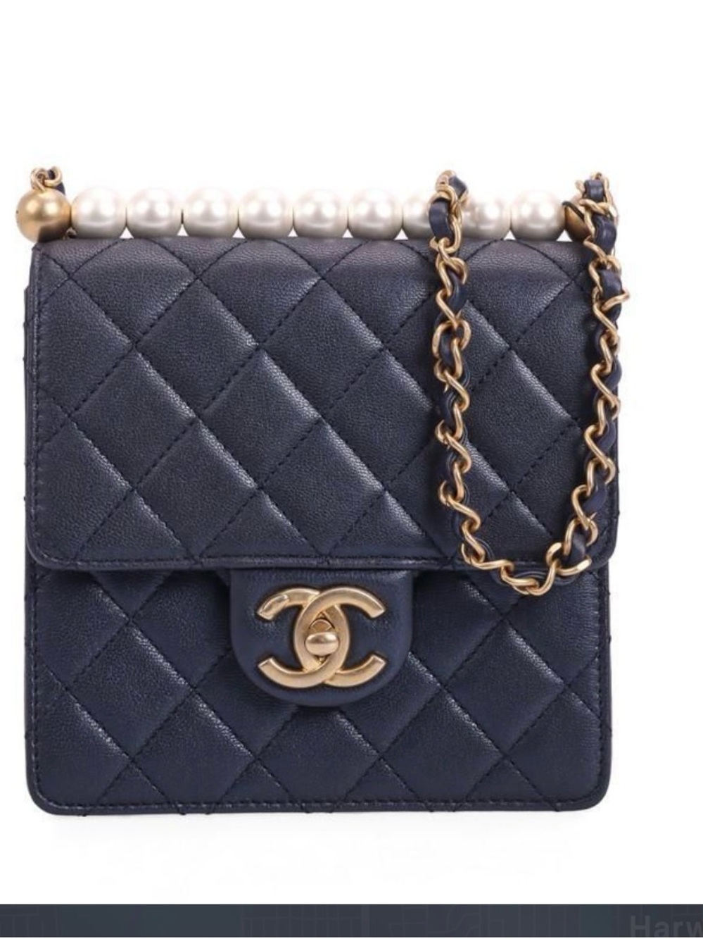 CHANEL Navy Quilted Mini Flap Bag with Pearl-Trim Chain